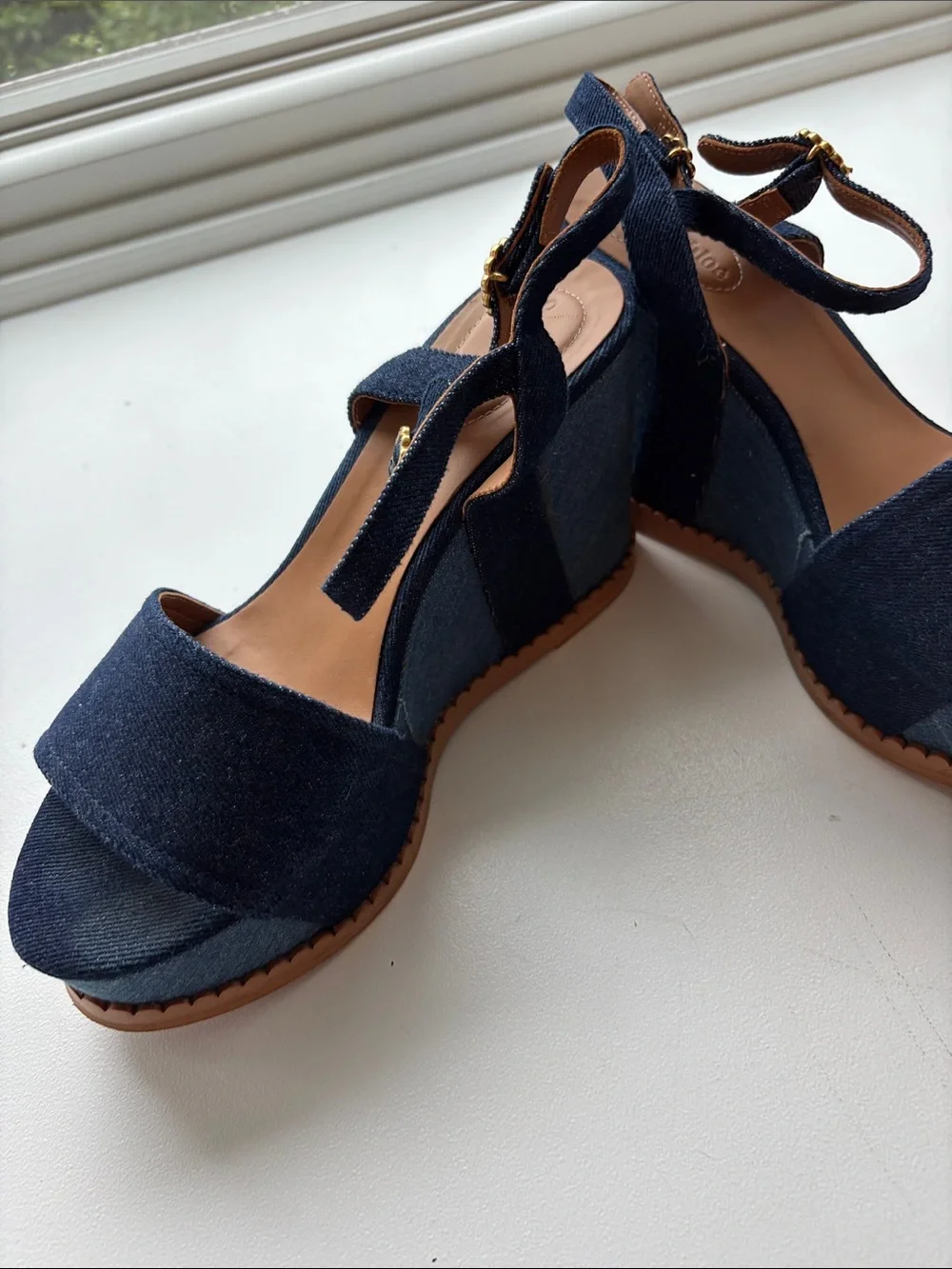See By Chloe Navy Denim Platform Wedge Sandals size 41 US 10.5